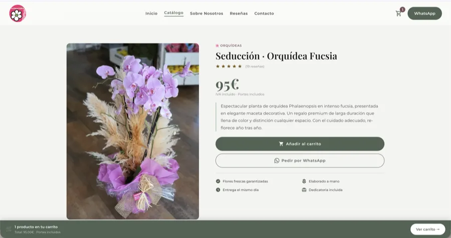 Ficha de producto de la tienda online: precio con IVA y portes incluidos, añadir al carrito y pedir por WhatsApp