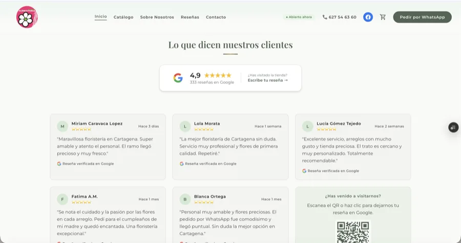 Sección de reseñas de la tienda online de Floristería Alameda con las 333 valoraciones de Google y un código QR para dejar una nueva