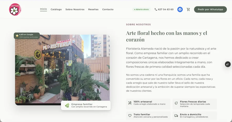 Página sobre nosotros de Floristería Alameda con la foto real de la tienda y sus 4,9 estrellas en Google