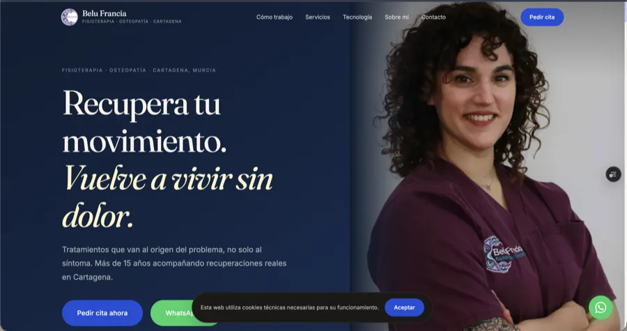Portada de la web de Belu Francia, fisioterapia y osteopatía en Cartagena, con los botones de pedir cita y WhatsApp