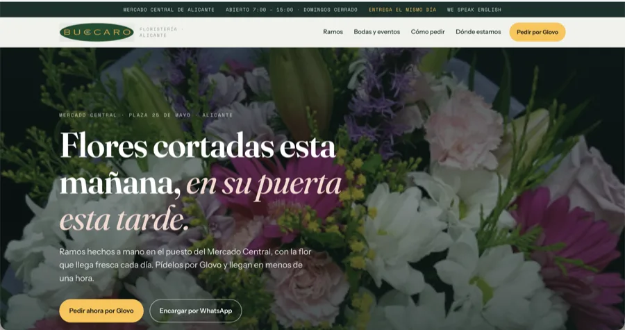 Landing page diseñada para Floristería Buccaro: titular, dos botones de pedido y foto de producto a pantalla completa