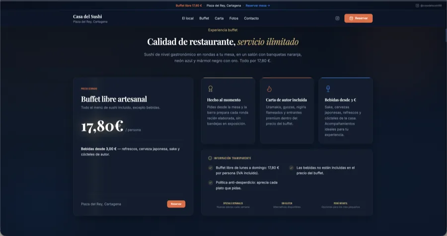 Sección de buffet de Casa del Sushi con el precio cerrado de 17,80€ por persona y la información de lo que incluye