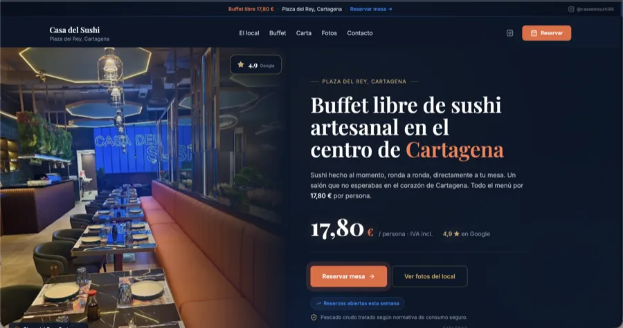 Página de inicio de Casa del Sushi con la carta y la reserva de mesa