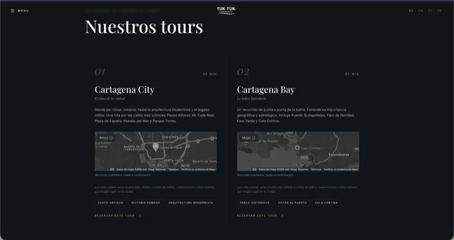 Sección de tours de TukTuk Cartagena con el recorrido, la duración y el mapa de cada ruta