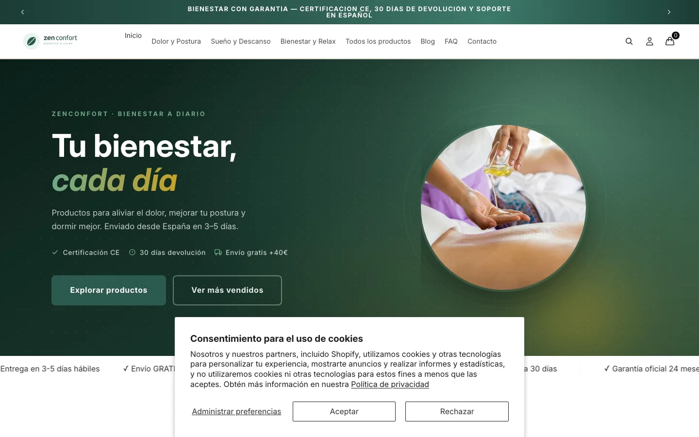 Tienda online Zenconfort, proyecto propio de comercio electrónico sobre Shopify
